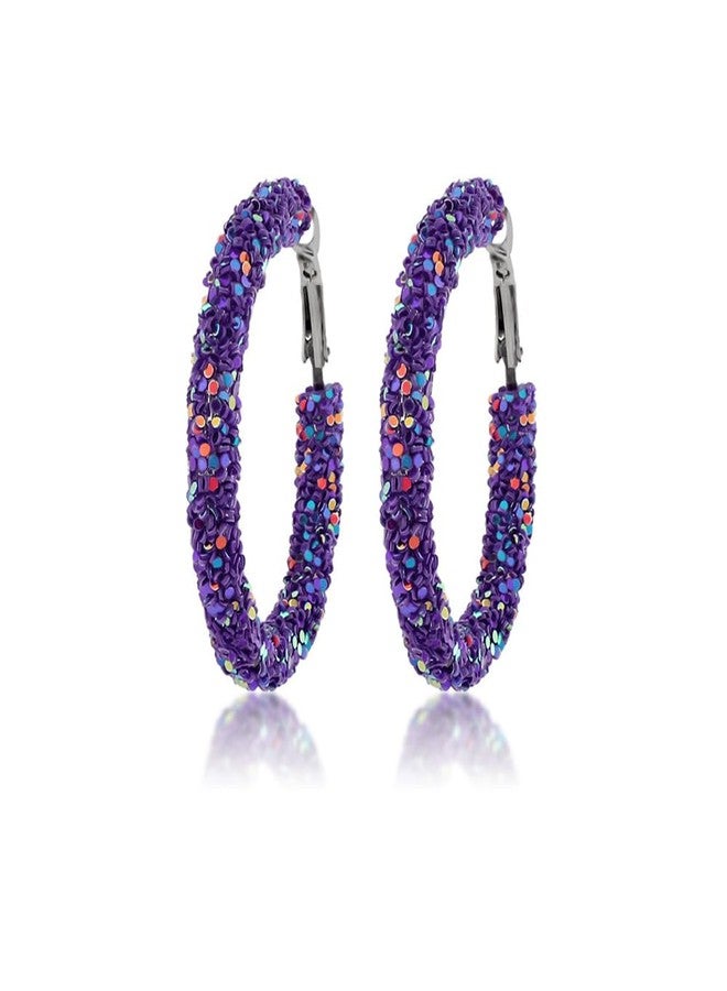 Bohemian Glitter Hoop Earrings Sparkle Resin Rhinestone Hoop Dangle Earrings for Women Round Circle Sequins Shiny Statement Earrings-Purple